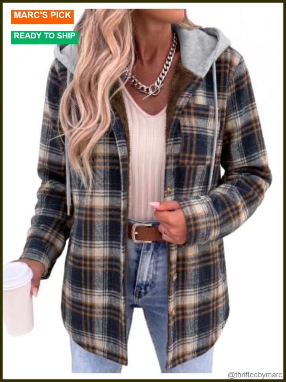Women Plaid Fleece Shacket Hooded Button Down Winter Coat